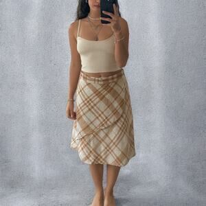 FLAX 100% Linen Beige & White Check Faux Wrap Skirt Medium